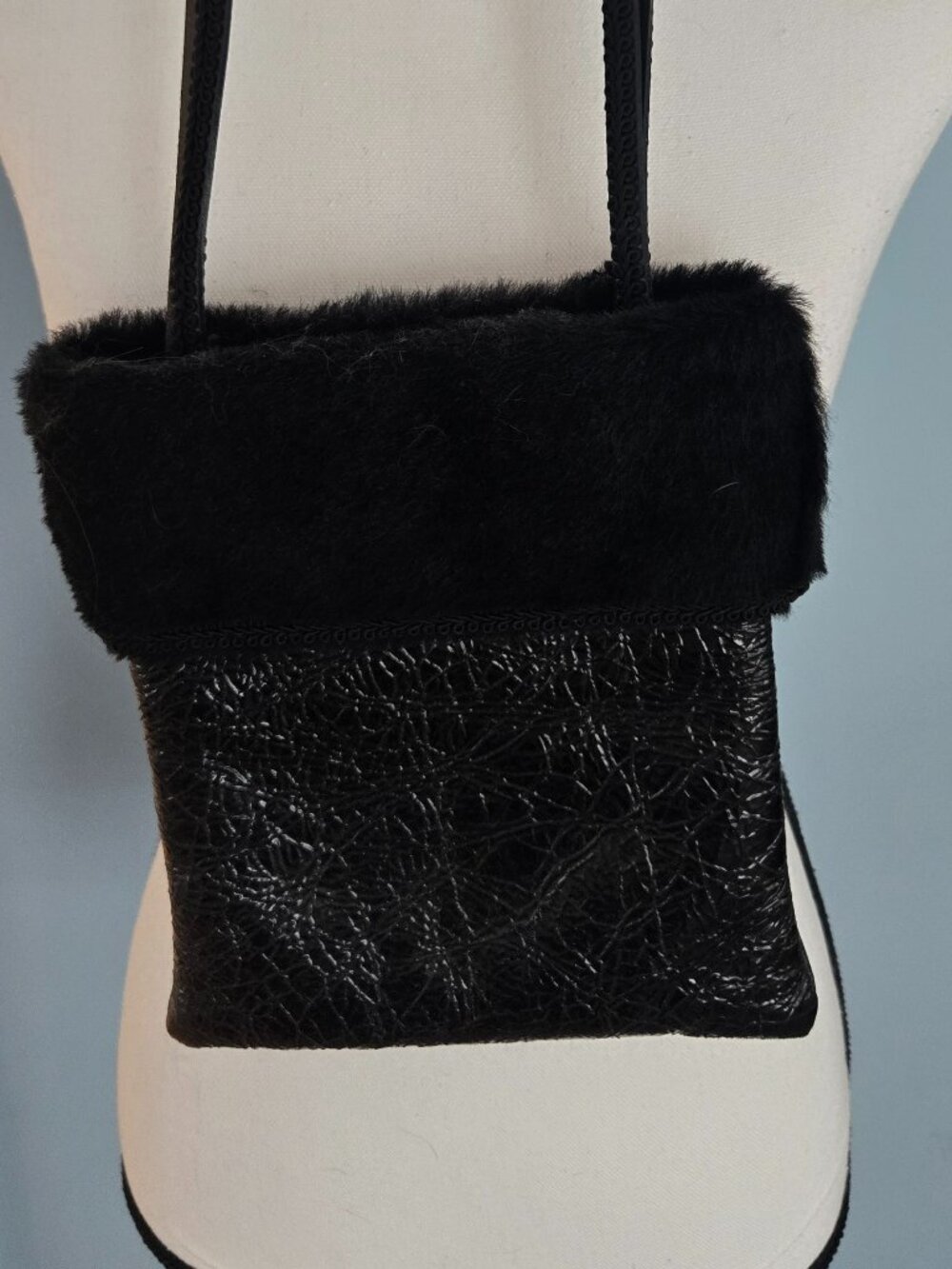Black faux fur textured leather shoulder bag boho vintage bag y2k bag
